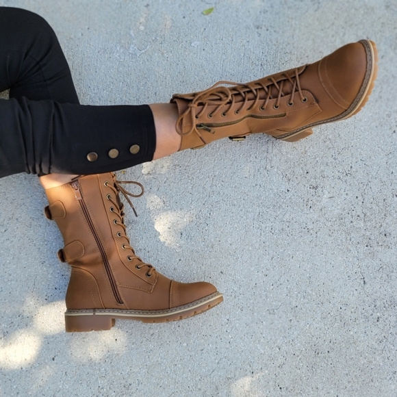 Women's Tan Lace up and Ankle Mid Calf Combat Boots - Picture 4 of 7